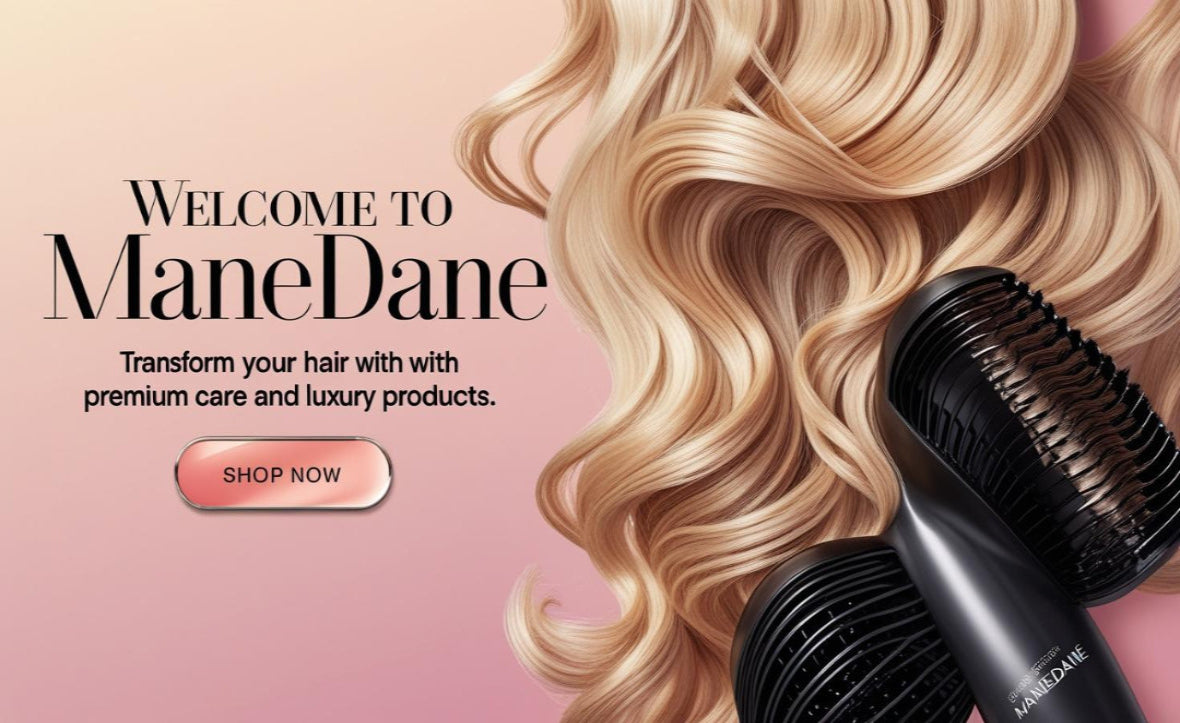 Advertisement for ManeDane hair care products with wavy blonde hair and a hair dryer on a pink background.